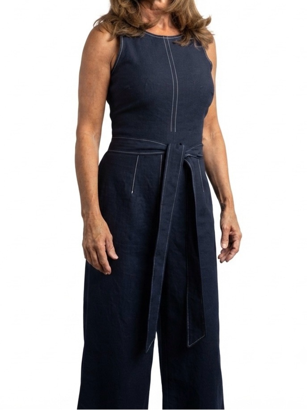 Vince Camuto Navy Blue Sleeveless Cropped Jumpsuit with Waist Tie